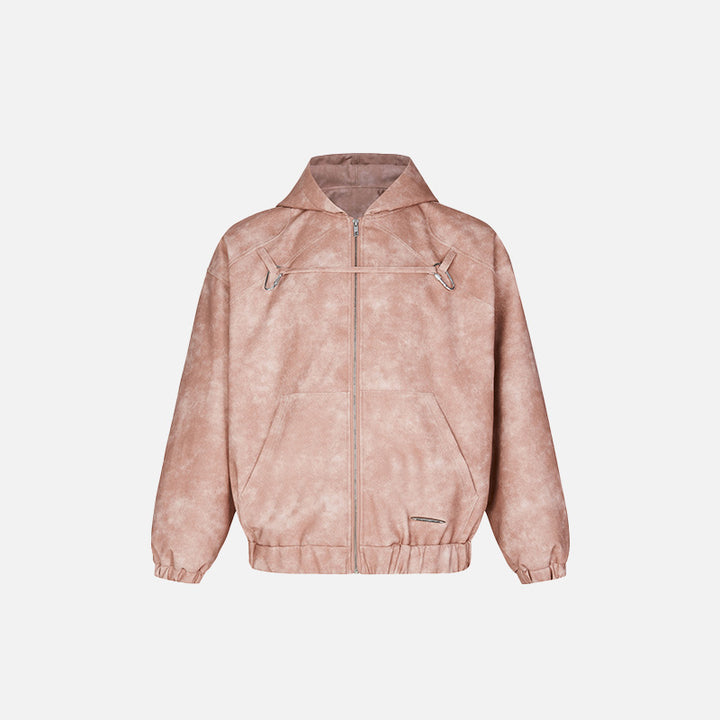 Front view of the pink Y2k Loose padded Leather Jacket in a gray background 