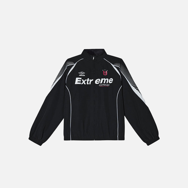 Front view of the black Loose Letter Printed Sports Jacket in a gray background 
