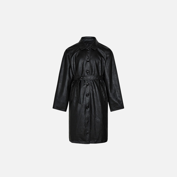 Front view of the black Y2k Solid Color Leather Coat in a gray background 