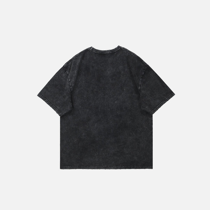 Back view of the black Loose Washed Letter Printed T-Shirt in a gray background 