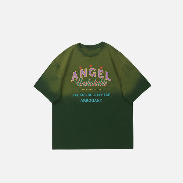 Front view of the green Retro Classic Angel T-Shirt in a gray background 