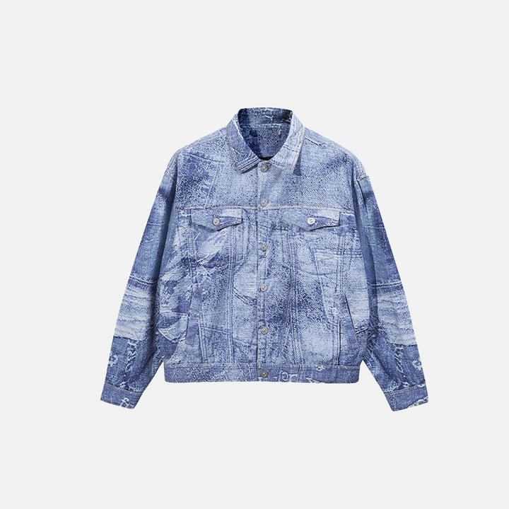 Front view of the blue Oversized Loose Washed Denim Jacket in a gray background 