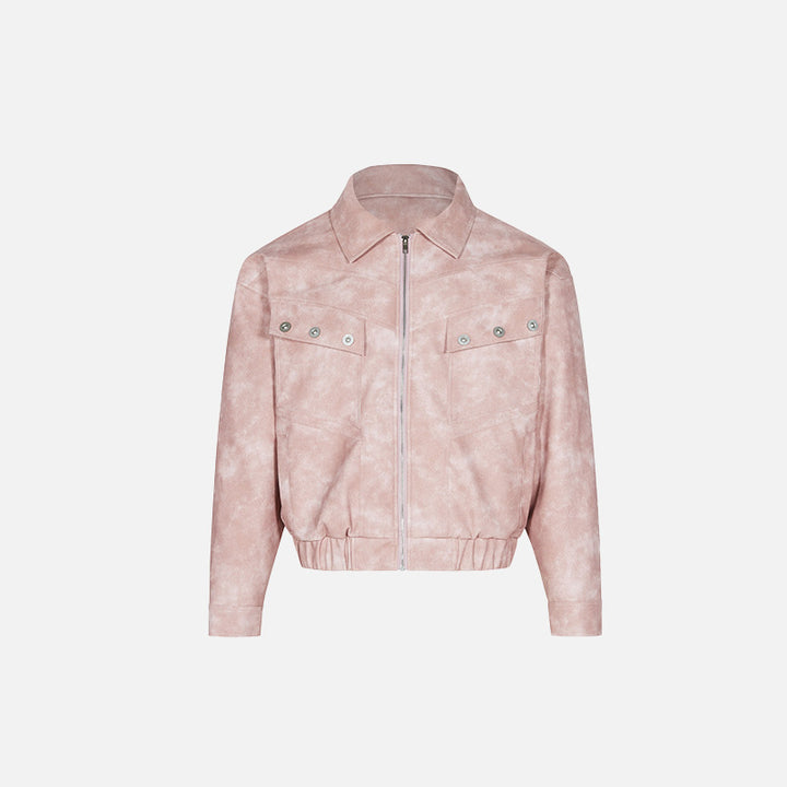 Front view of the pink Y2k Loose Stitching Leather Jacket in a gray background 