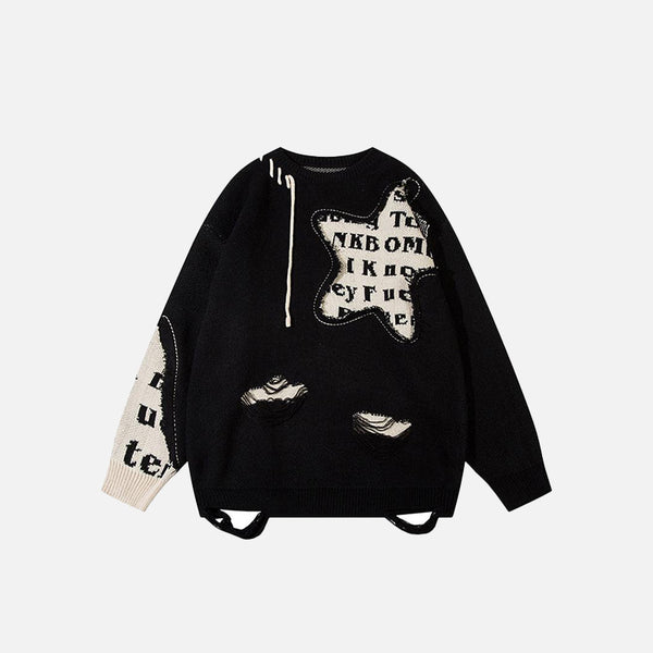 Star Embroidery Ripped Poem Sweater