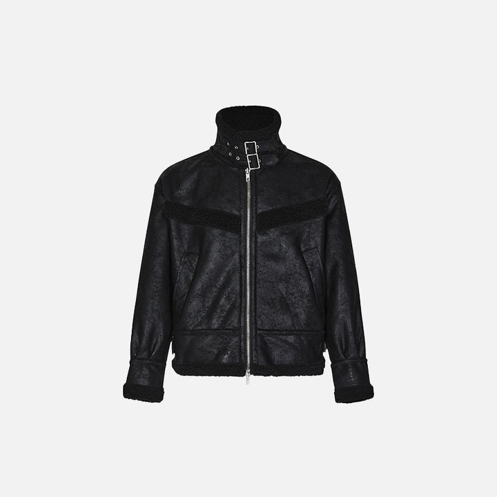 Front view of the black Motorcycle Fur Zip-up Jacket in a gray background