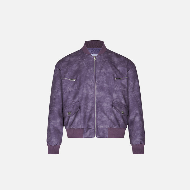 Front view of the purple Oversized Loose Washed Leather Jacket in a gray background 