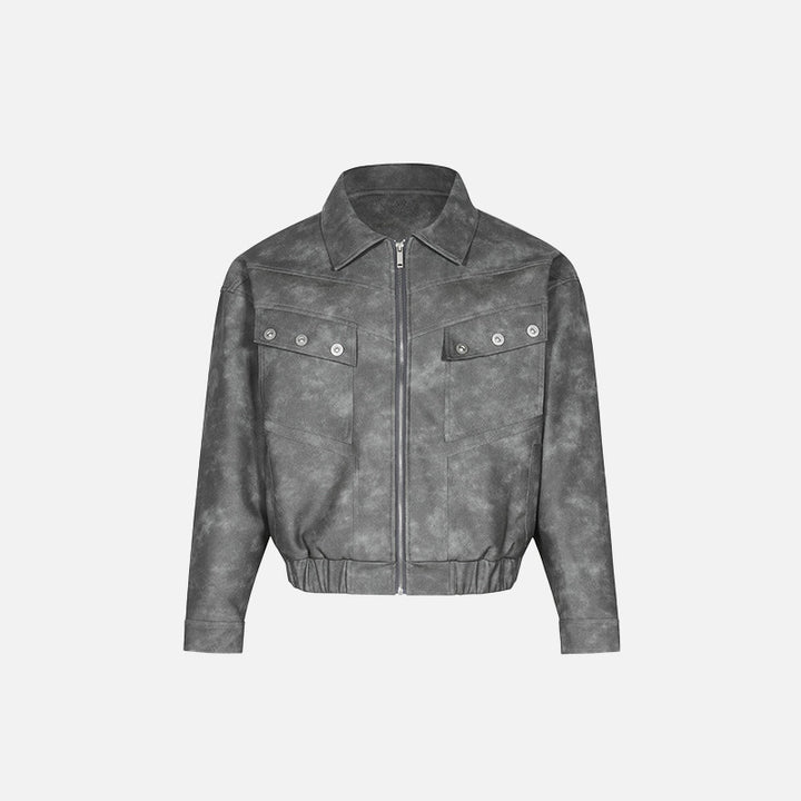 Front view of the grey Y2k Loose Stitching Leather Jacket in a gray background 