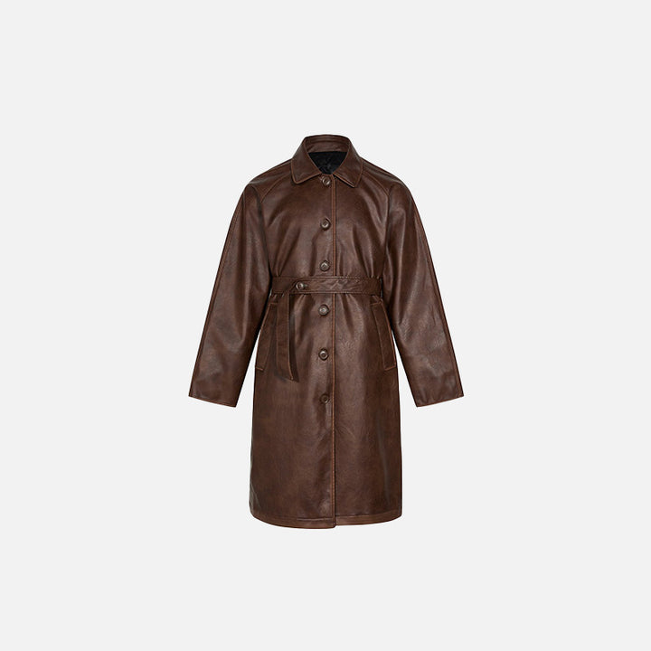 Front view of the brown Y2k Solid Color Leather Coat in a gray background 