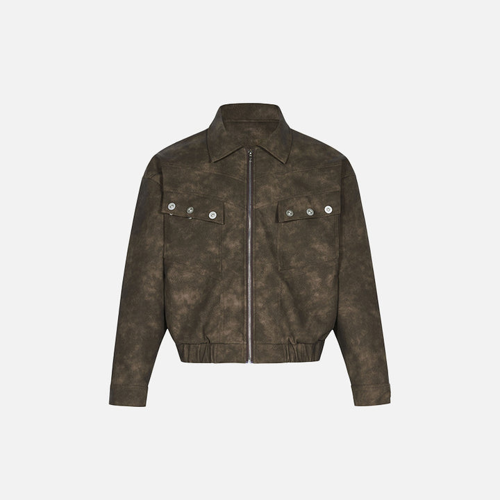 Front view of the brown Y2k Loose Stitching Leather Jacket in a gray background 