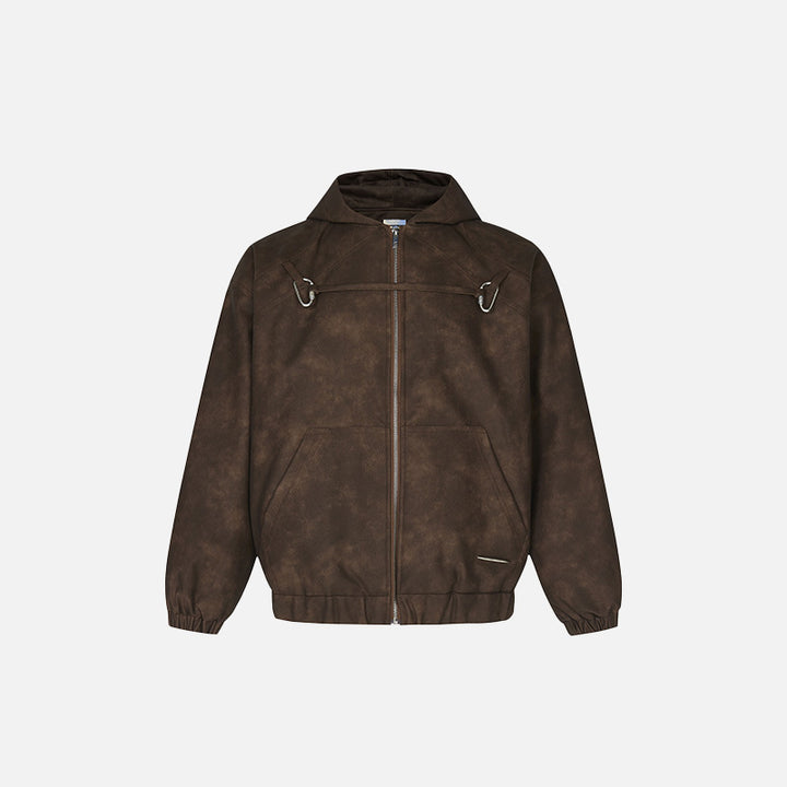 Front view of the brown Y2k Loose padded Leather Jacket in a gray background 