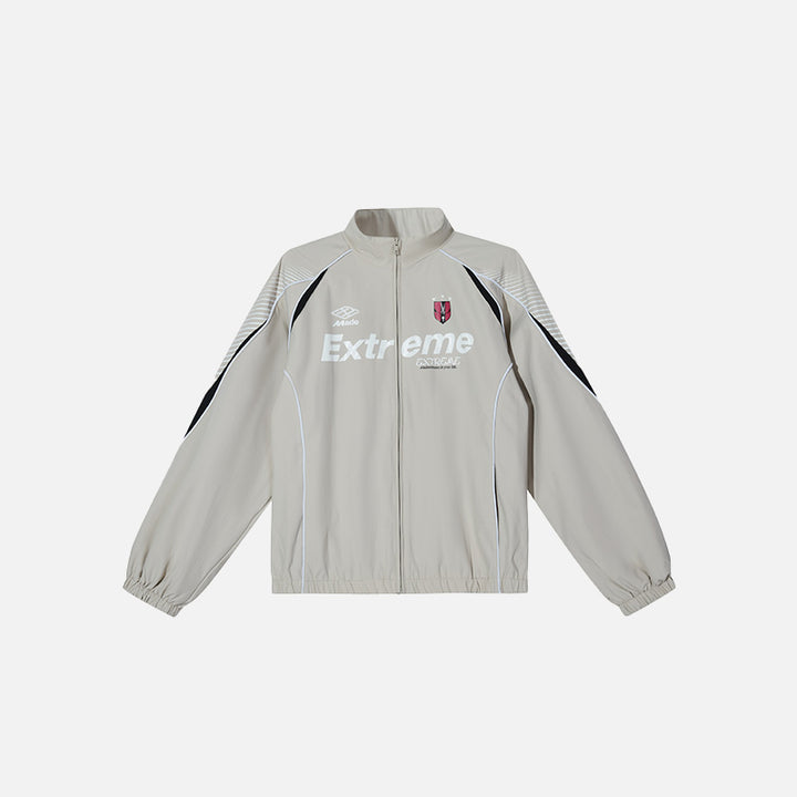 Front view of the beige Loose Letter Printed Sports Jacket in a gray background 