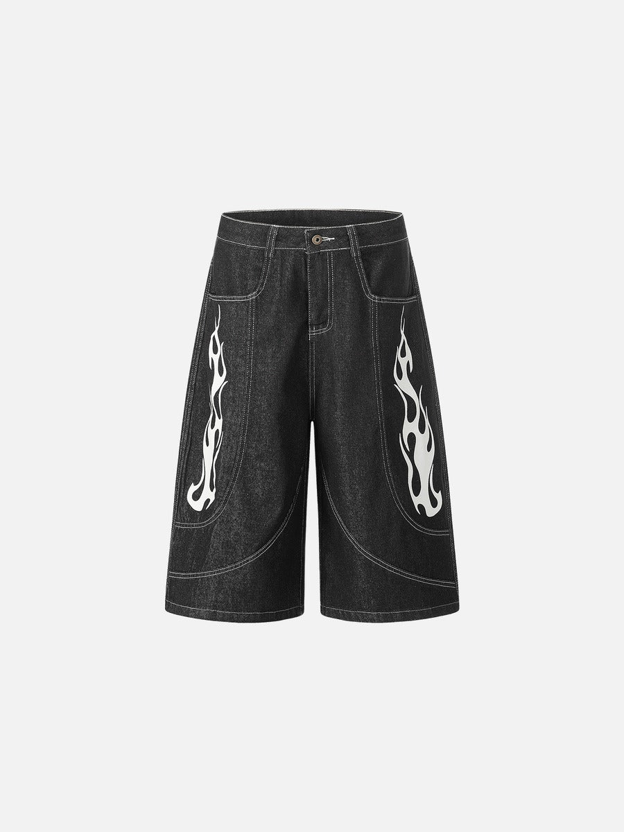 Flame Graphics Dark Grey Wide-Leg Shorts | DAXUEN