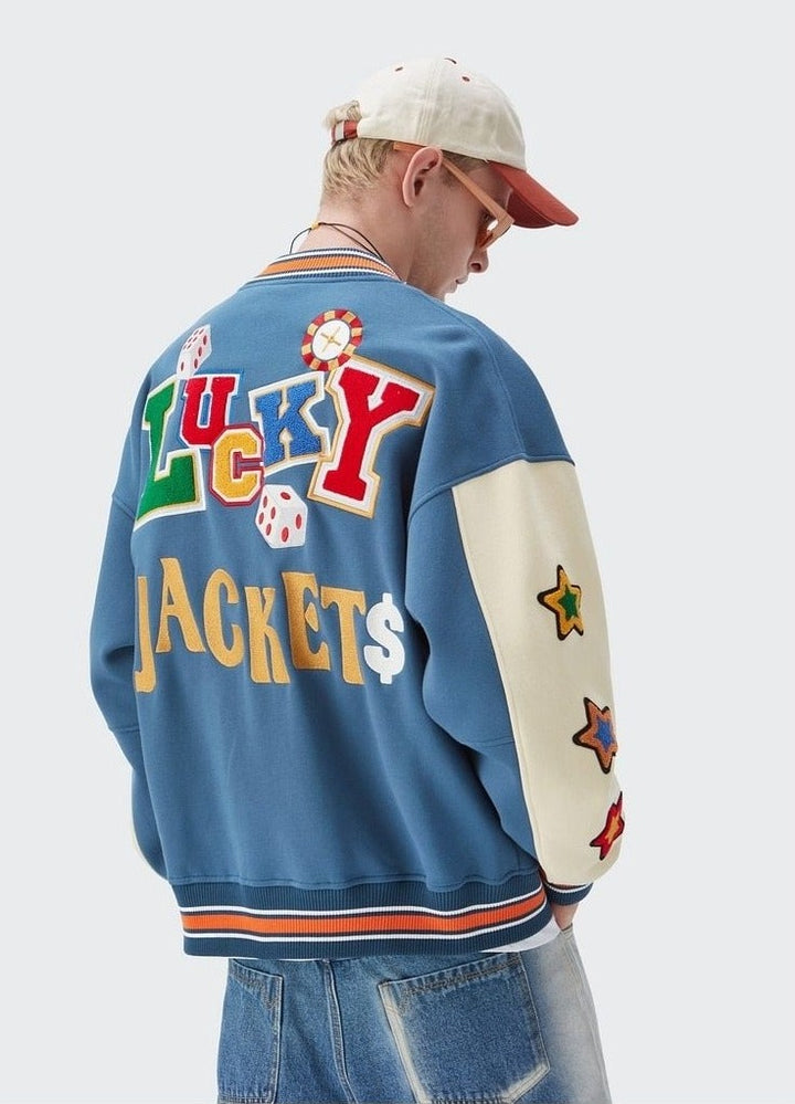 A guy wearing DAXUEN Bomber Varsity Jacket from back view