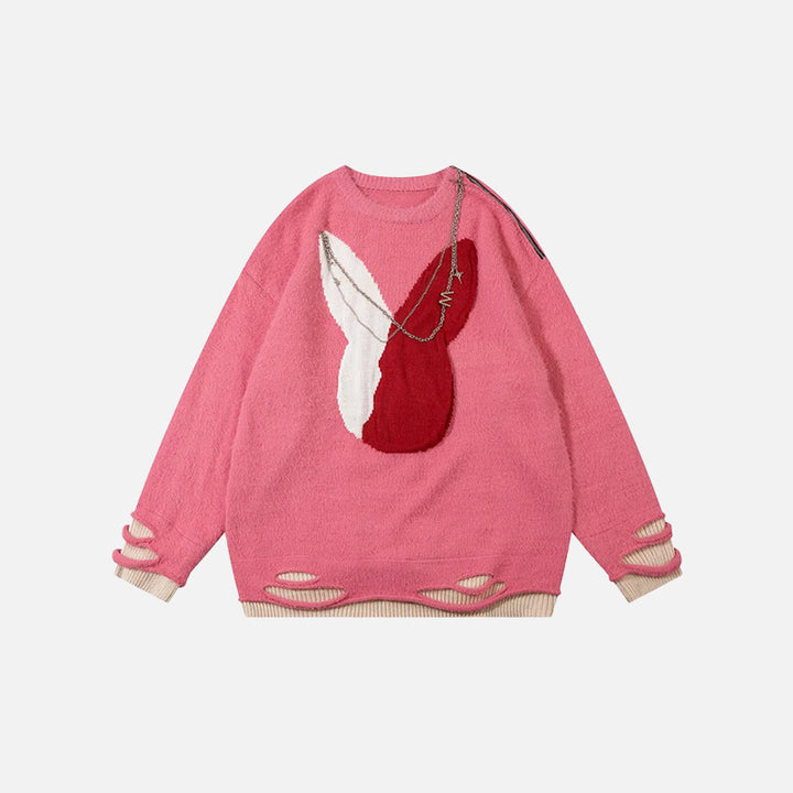 Front view of the pink Rabbit Jacquard Chain Knitted Sweater in a gray background