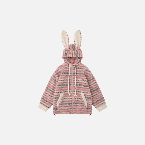 Soft Striped Winter Cartoon Rabbit Hooded Sweatshirt