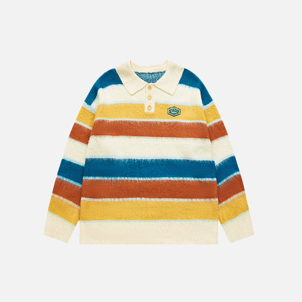 A front view of the apricot Vintage Polo Colors Strips Sweater from DAXUEN, in a gray background