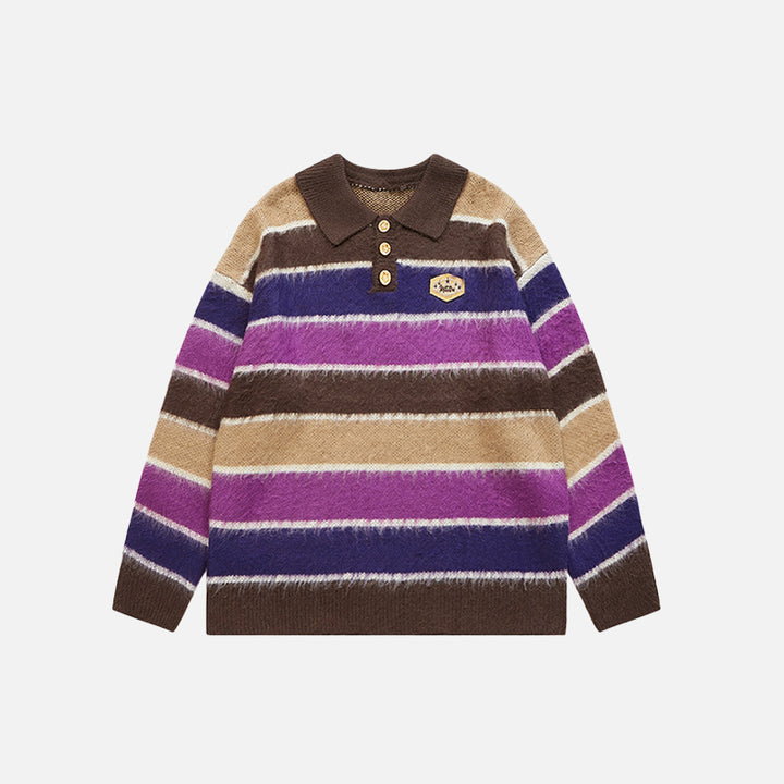 Front view of the purple Vintage Polo Colors Strips Sweater from DAXUEN, in a gray background