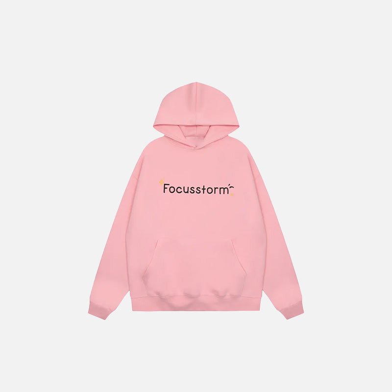 Front view of the pink Happy Cat Comfort Hoodie in a gray background