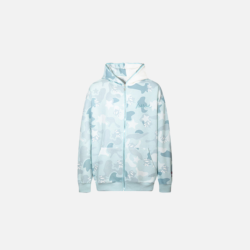 Front view of the blue Iconic Character Camo Hoodie in a gray background