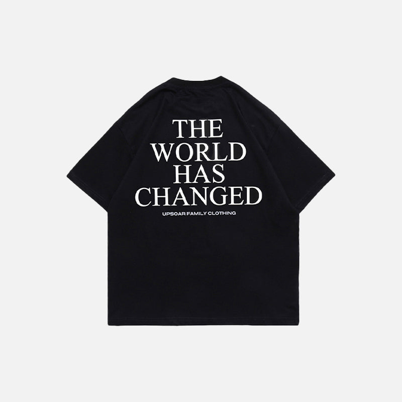 Back view of the black Changed World T-shirt from DAXUEN.