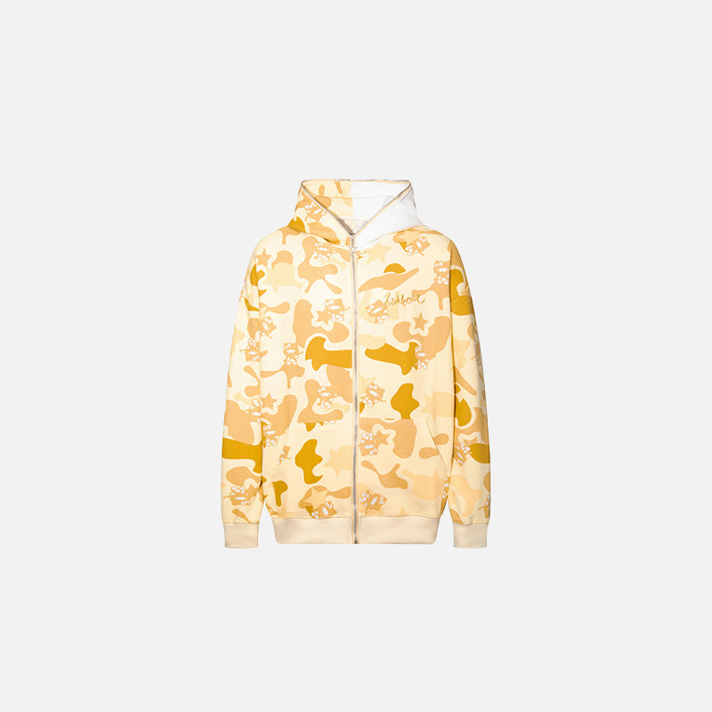 Front view of the yellow Iconic Character Camo Hoodie in a gray background
