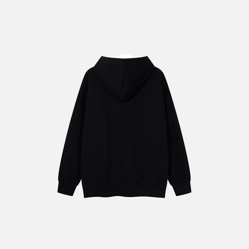 Back view of the black Cosmic Kitties Hoodie in a gray background