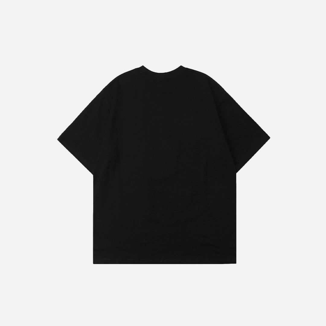A plain black oversized T-shirt with short sleeves, displayed from the back against a white background, showcasing a minimalist streetwear style
