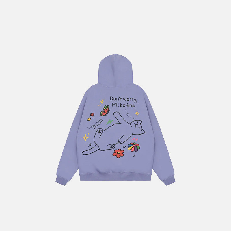Back view of the purple Happy Cat Comfort Hoodie in a gray background