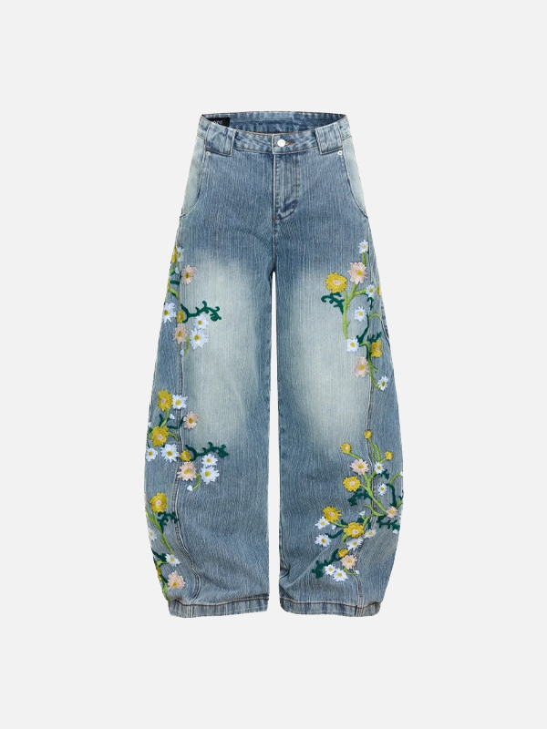 Trendy Distressed Flower Banana Wide Leg Jeans