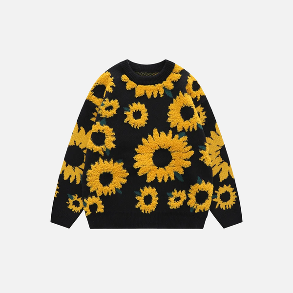 Sunflower Pattern Textured Knit Sweater