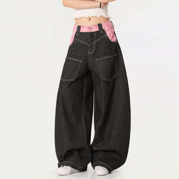 Y2K Stylish Plaid Patchwork Wide Leg Baggy Jeans