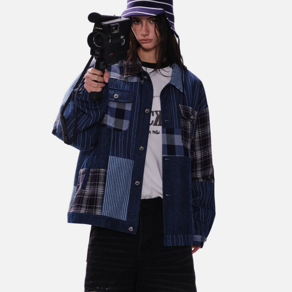 Streetwear Artisan Blend Checkered Denim Jacket