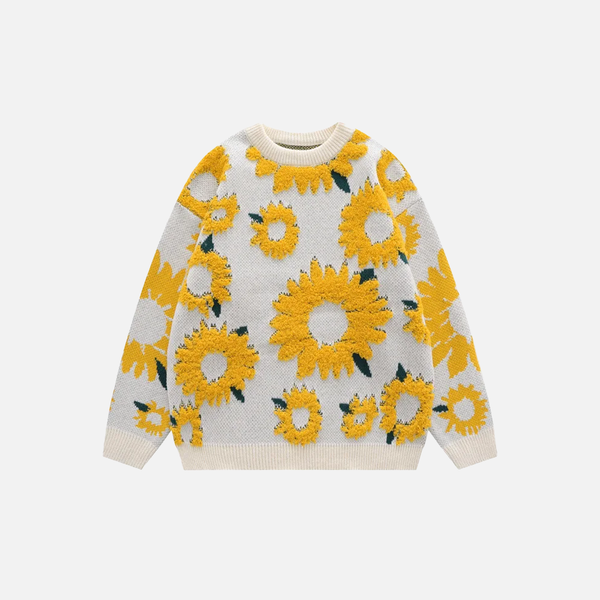 Sunflower Pattern Textured Knit Sweater
