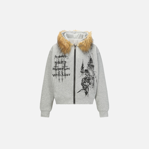Y2K Graffiti Print Zip-Up Faux Fur Hooded Sweatshirt