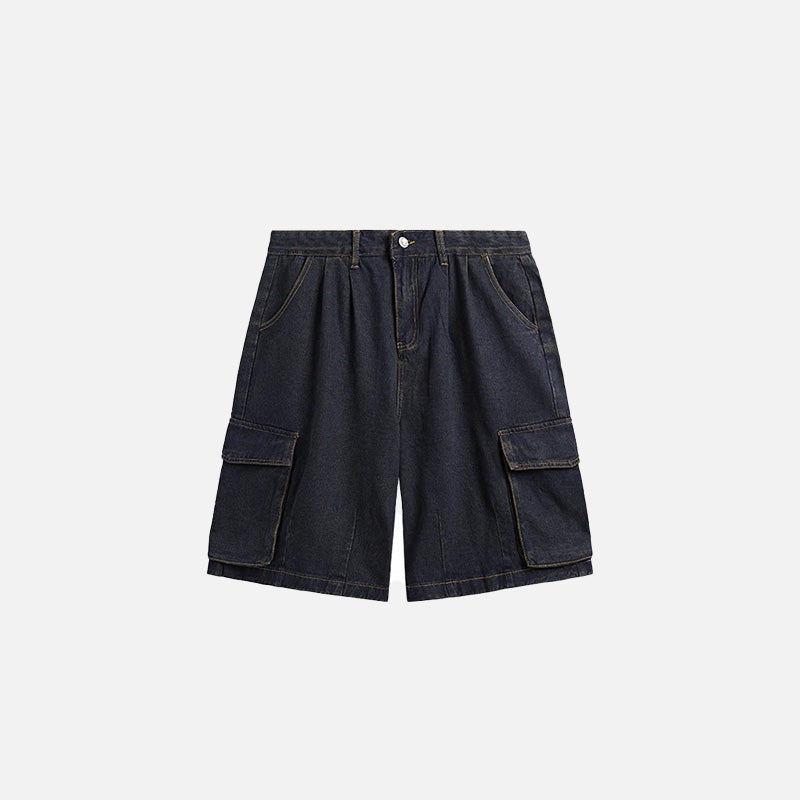 Front view of the dark blue Vintage Denim Cargo Jorts in a gray background