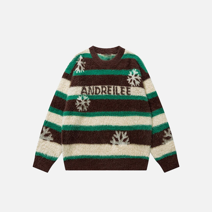 Front view of the green Christmas Snowflake Stripes Knitted Sweater in a gray background 