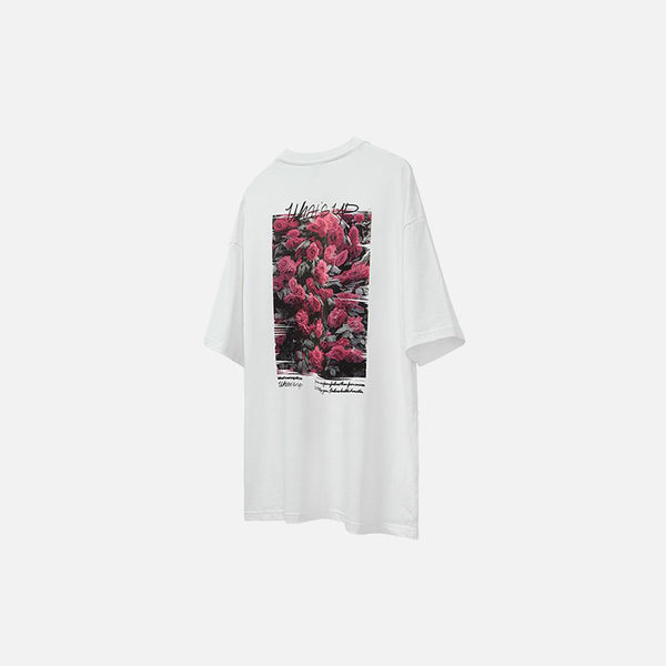 Front view of the white Loose Rose Flower Print T-shirt in a gray background 
