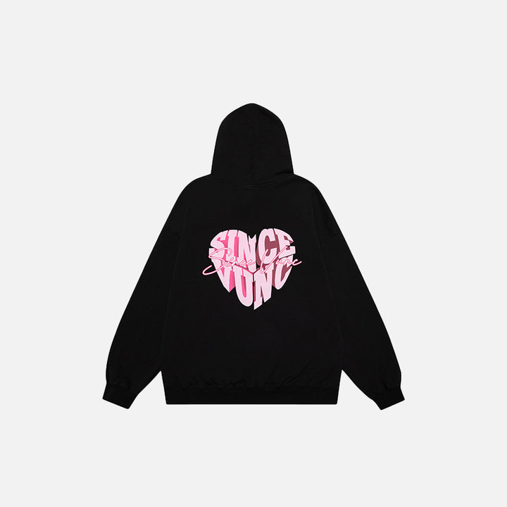 Back view of the black Loose Peach Heart Washed Hoodie in a gray background 