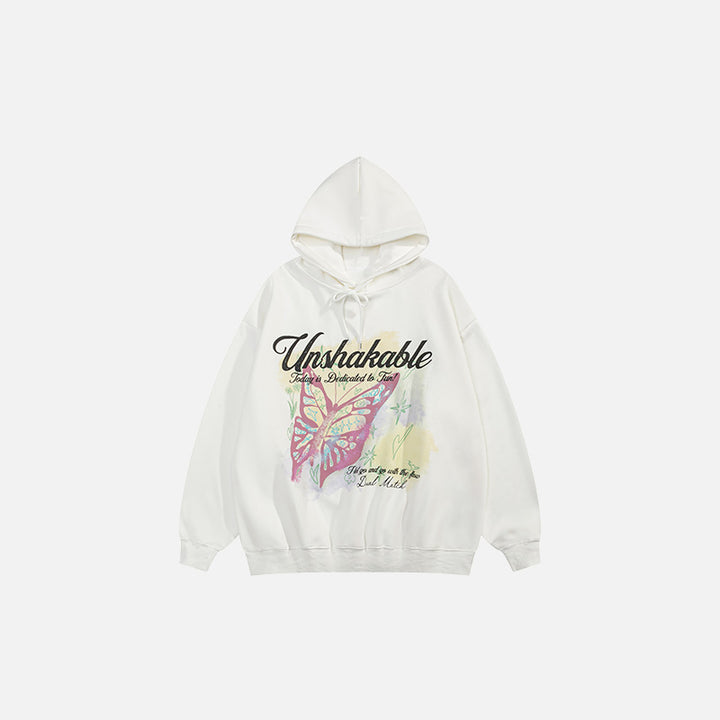 Front view of the white Butterfly Printed Loose Hoodie in a gray background