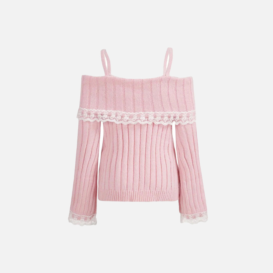 Front view of the pink Mode Lace Portrait Sweater in a gray background