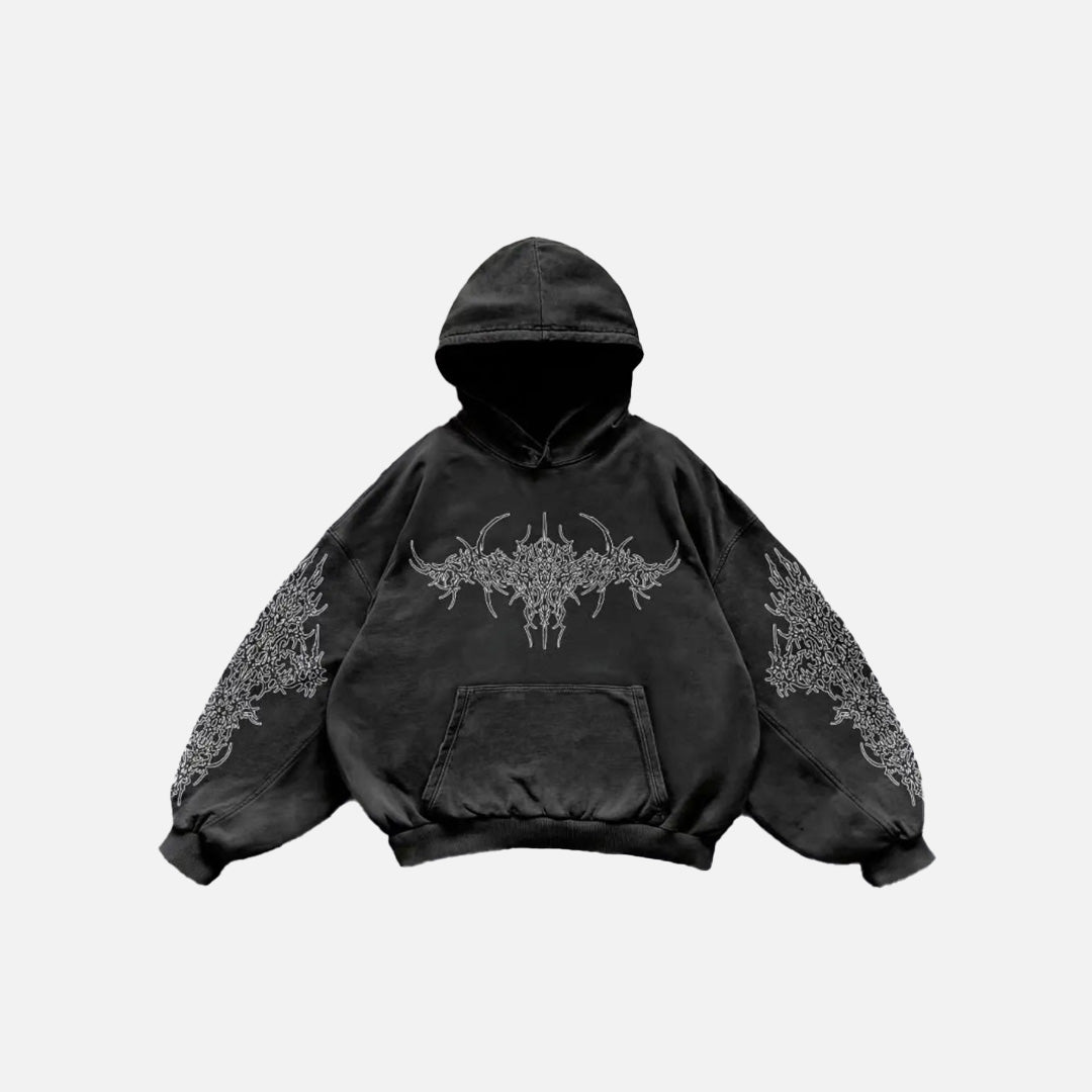 Front view of the black Gothic Tribal Design Hoodie