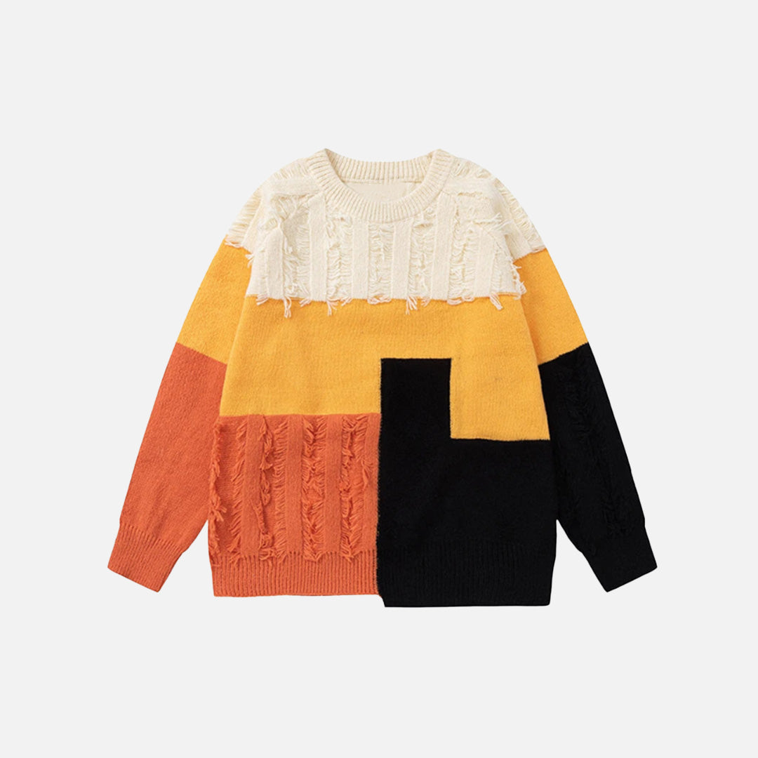 Front view of the beige Mosaic Harmony Sweater in agray background