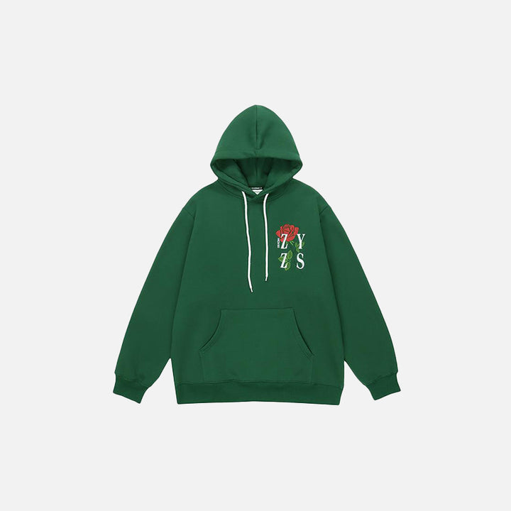 Front view of the green Beautiful Rose Loose Hoodie in a gray background 