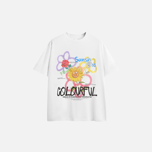 Front view of the white Loose Graffiti Sunflower T-shirt in a gray background 