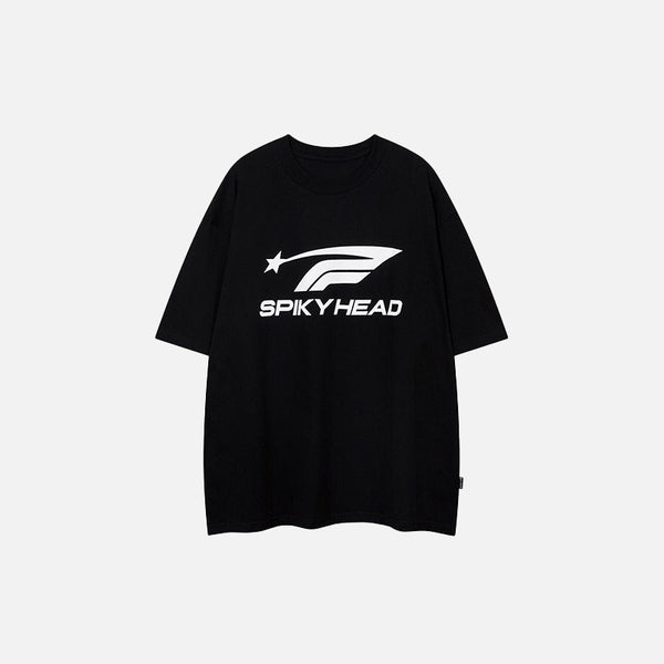 Front view of the black "Spiky Head" Letter Print T-shirt in a gray background 