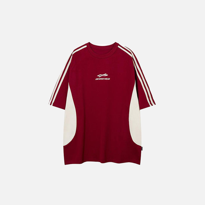 Front view of the burgundy Contrast Color Speedway Sports T-shirt in a gray background 