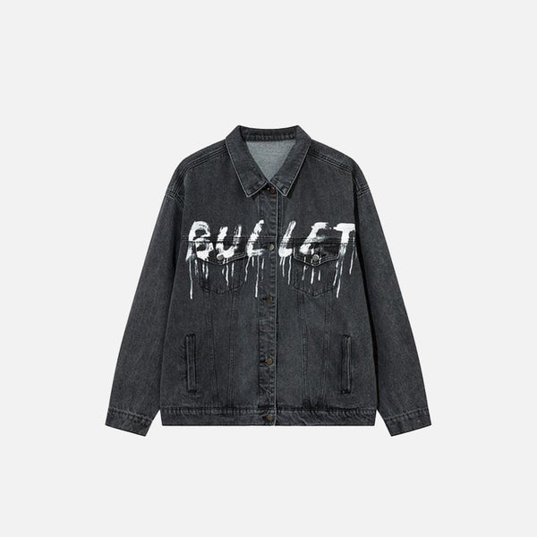 Front view of the "Bullet" Letter print Washed Jacket in a gray background