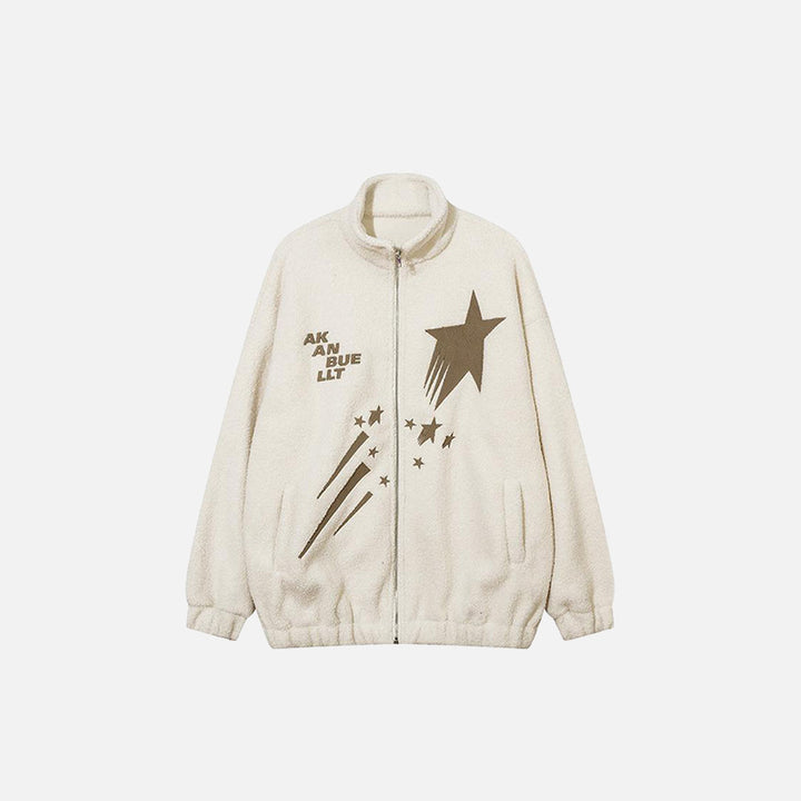 Front view of the beige Meteor Star Print Fleece Jacket in a gray background