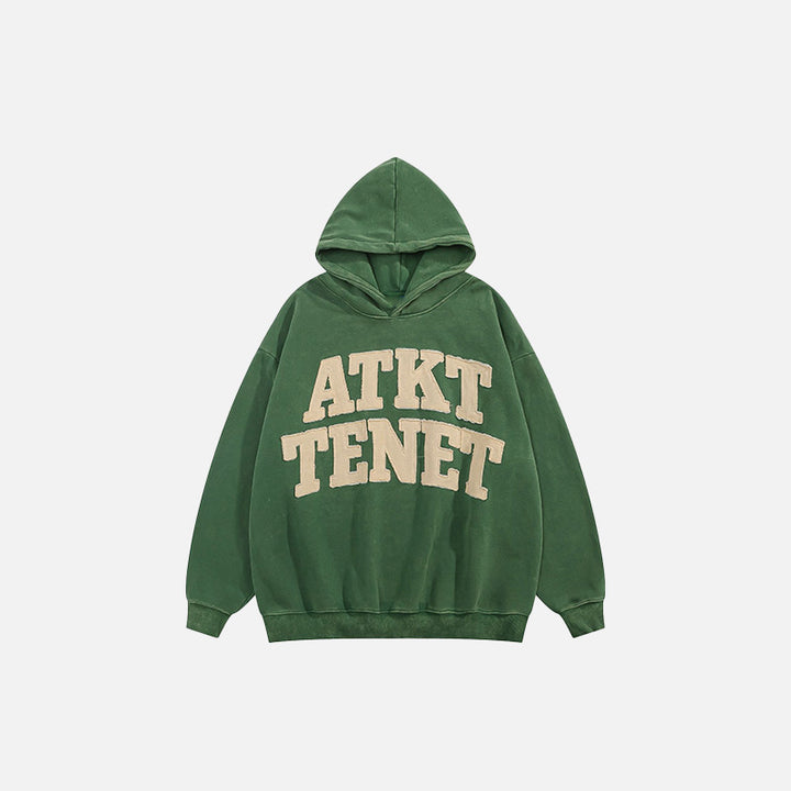 Front view of the dark green Loose Letter Prints Hoodie in a gray background 