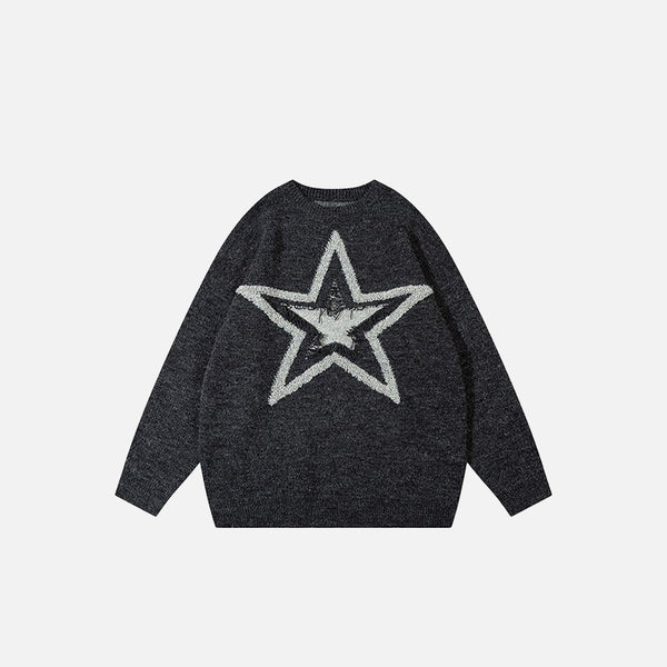 Front view of Star Embroidery Loose Sweater in a gray background